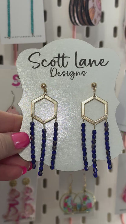 Gold Hex Royal Blue Bead Dangle Earrings