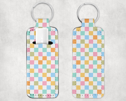 Pastel Checkered Lip Balm Holder Keychain