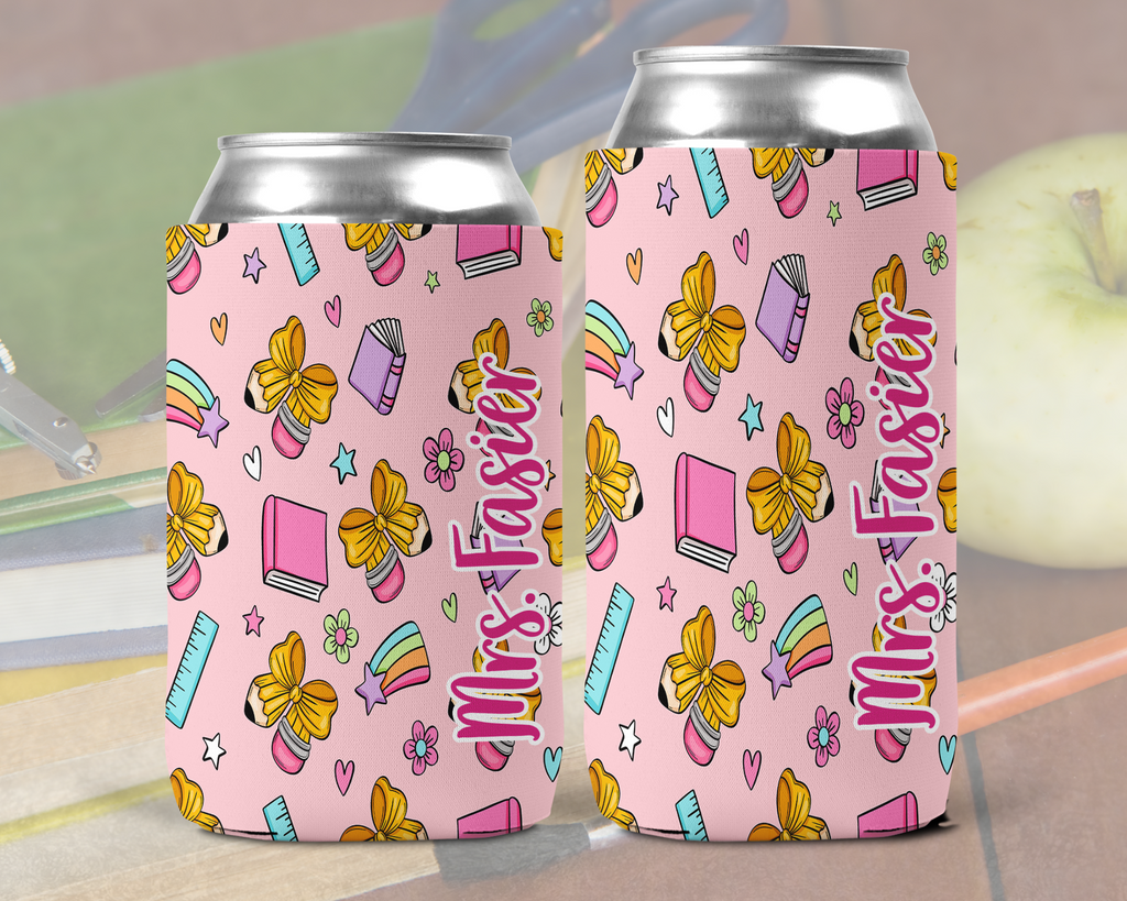 Personalized Bow Pencil Teacher Can Cooler
